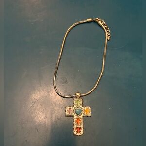 Brighton Loretto reversible turquoise enamel cross necklace.